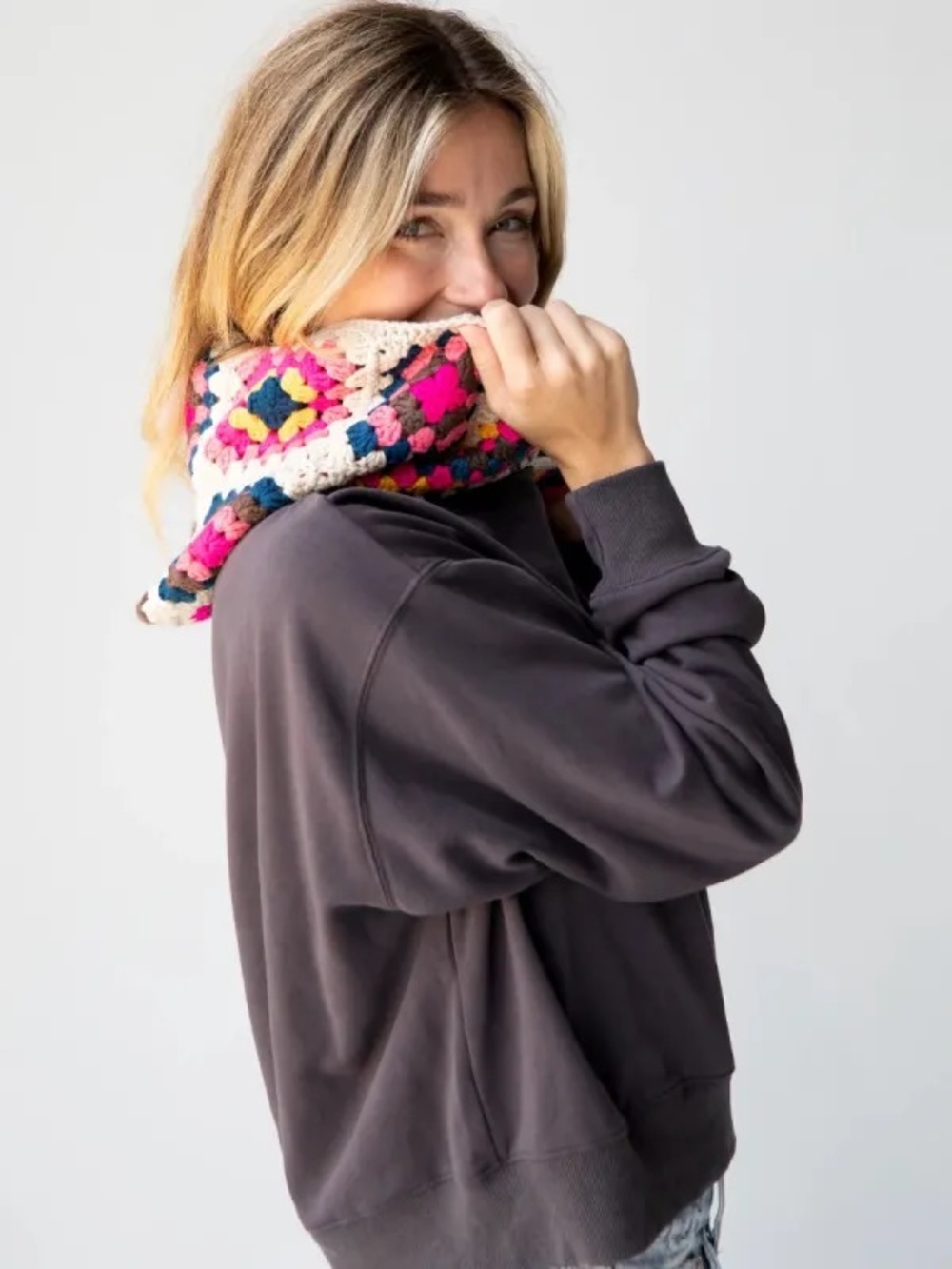 NATURAL LIFE Dark Gray Sweatshirt with Multicolor Crochet Hood - Picture 2 of 14